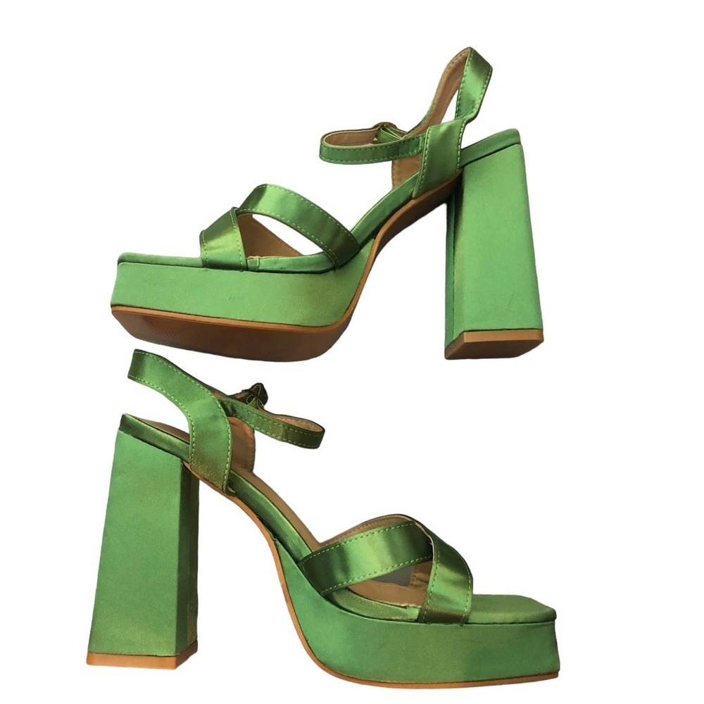 BRIGHT Green Satin Platform Strappy Sandals, Size 8.5